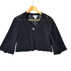Vintage Black Crocheted Cardigan Sweater One Button Bell Sleeve Open Knit Boho